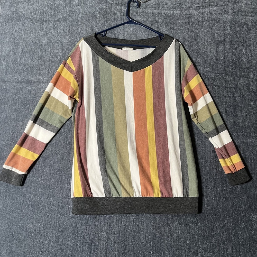 e.Luna Women's S Multicolor Striped V-Neck Long Sleeve Knit Pullover Top